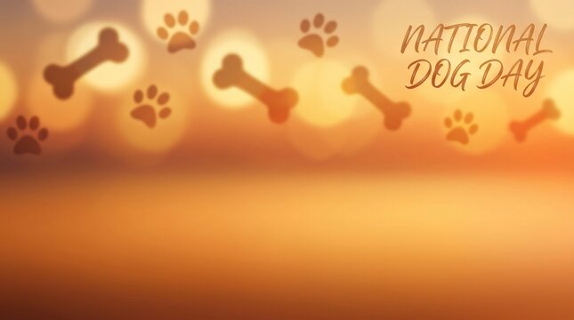 Warm bokeh National Dog Day background with dog bone pattern and negative space for pet shop promotions and social posts.
