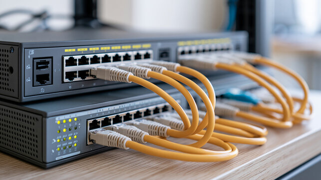 Network routers and switches connected by carefully arranged cables in a bright clean server rack, detailed front view emphasizing structured cable management, routers, network cables,