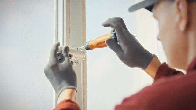 A specialist in work gloves methodically works on a plastic window mechanism with an orange screwdriver. Concept of qualified repair and diagnostics of window system malfunctions at home