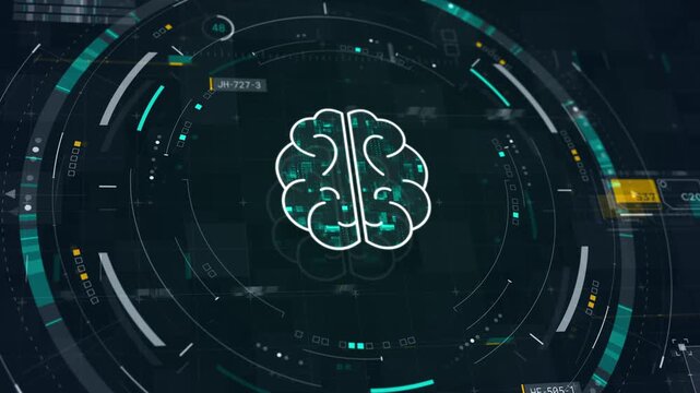 Motion graphic of a glowing human brain within a futuristic digital interface and hud, showcasing artificial intelligence, machine learning, and advanced cognitive computing concepts.