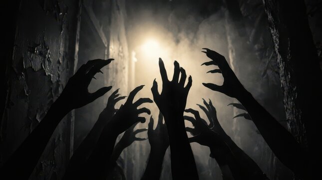 Many scary zombie hands reaching out and grabbing in the dark with a bright glowing light source in the background for halloween horror