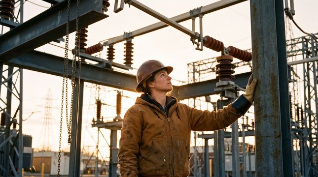 Female electrical technician wearing a hardhat inspecting an electrical substation during sunset