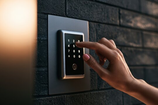 Woman hand entering pin code on digital touch keypad intercom for secure access. Modern smart home security. Electronic door lock technology. Office entrance. Keyless Systems. Access Control concept.