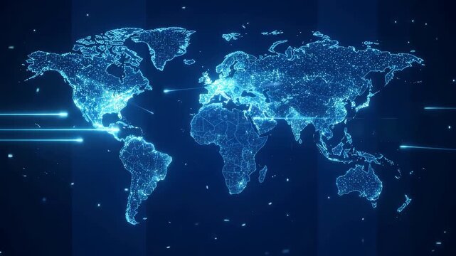 Digital world map with glowing blue network connections and data points representing global communication and technology.