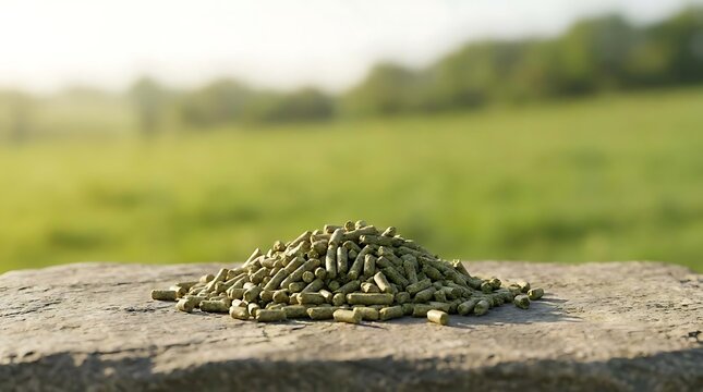 A pile of compressed green alfalfa pellet feed sitting on a rustic stone surface outdoors with a blurred natural meadow background in the bright sunlight.