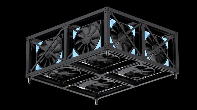 Professional multi fan cooling rig frame for cryptocurrency mining with eight large cooling fans arranged in two layers shows advanced blockchain mining hardware equipment