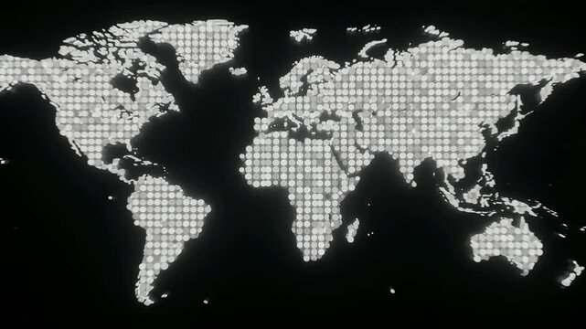 Stylized world map created with white glowing dots on a black background for digital and global communication concepts.
