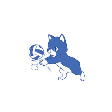 Adorable Cat Bumping Volleyball Blue Lineart Vector Graphic