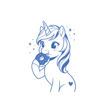 Cute Blue Line Art Unicorn Eating Sprinkled Donut with Sparkles