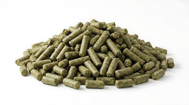 A pile of dried alfalfa pellet feed for livestock animals isolated on a white background, representing high quality organic green agricultural fodder