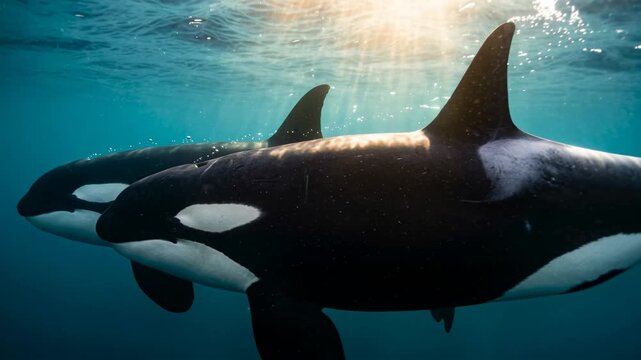 two killer whales underwater close up at morning light in salish sea british columbia canada video