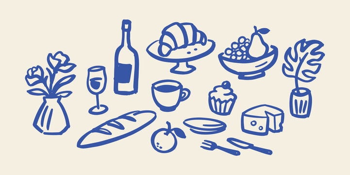 French Cuisine and Cafe Food Hand Drawn Doodle Set
