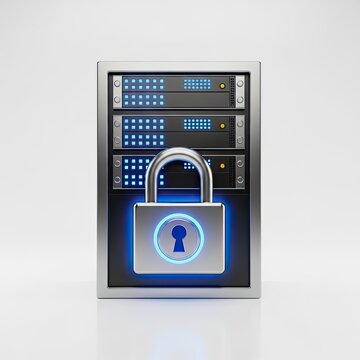 Secure Server Rack With Illuminated Padlock White Background for Cybersecurity