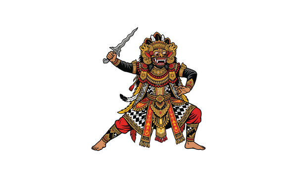 Balinese Barong Dancer Holding Kris Dagger Illustration