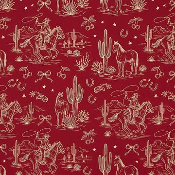 Western cowboy pattern with horses, cacti, and cherries on a red background