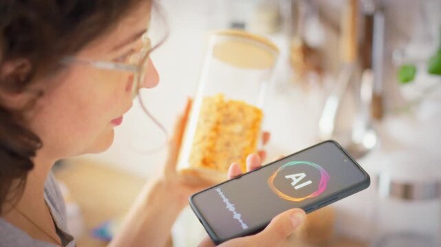 A woman holds a jar of corn flakes and asks her AI phone assistant about calories and ingredients. Concept of smart technology helping plan a healthy and balanced daily breakfast