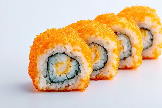 Fresh california roll maki sushi with orange tobiko on white background
