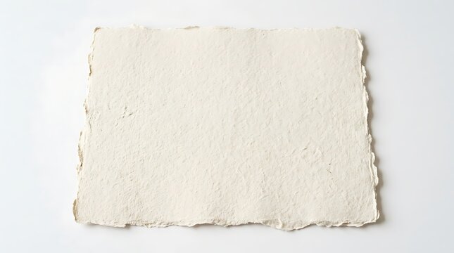 A sheet of handmade textured offwhite paper with deckled edges isolated on white background