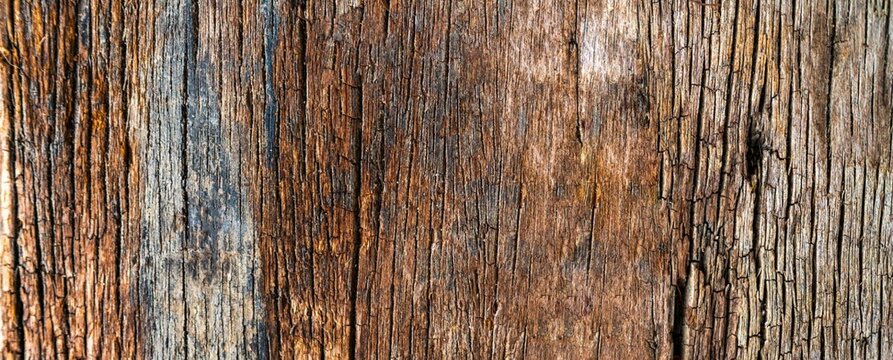 Weathered wood grain shows deep texture and rich tones. Rustic surface carries history through cracked bark and faded colors. Natural imperfections tell stories of time and exposure