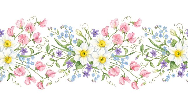 Seamless floral border with daffodils, sweet peas, and forgetmenots isolated on white background