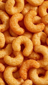 Full frame view of tasty crispy golden orange cheese flavored cashew shaped puffed snacks filling entire frame shows popular crunchy savory snack food