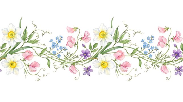 Seamless floral border with daffodils, sweet peas and forgetmenots isolated on white background