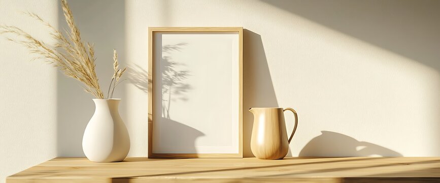 Decora&ccedil;&atilde;o r&uacute;stica com moldura, vaso e jarro sobre mesa de madeira, sob a luz do sol.