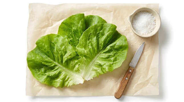 Fresh green buttercrunch lettuce leaves arranged on a piece of rustic parchment paper with a wooden handled paring knife and a small bowl of sea salt