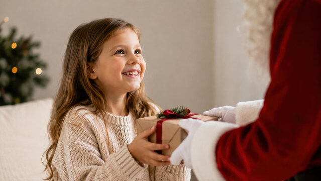 Smiling young girl receives a Christmas gift from Santa Claus beside a festive tree, sharing a joyful holiday moment filled with wonder.
