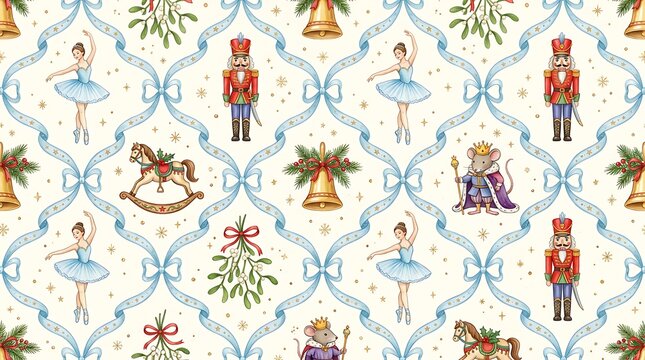 Christmas nutcracker pattern with ballerinas, rocking horses, bells, and mistletoe