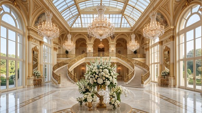luxury interior design grand hotel lobby palace foyer architecture baroque style hall rococo aesthetic room luxury mansion entryway double curved staircase grand marble stairs