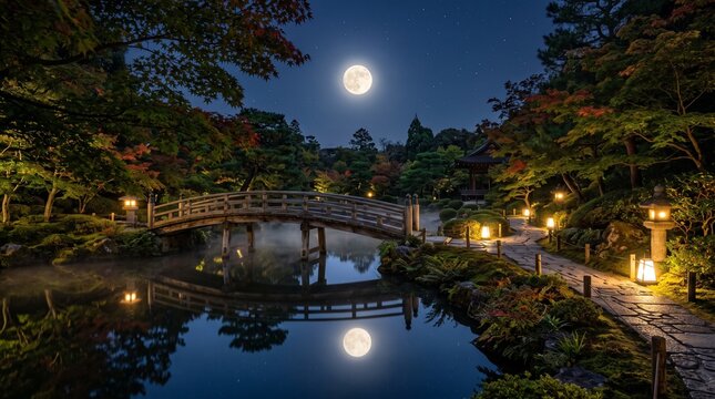 japan japanese garden bridge night moon full moon autumn fall leaves maple red leaves foliage autumn foliage pond water reflection lantern stone lantern lights path stone path