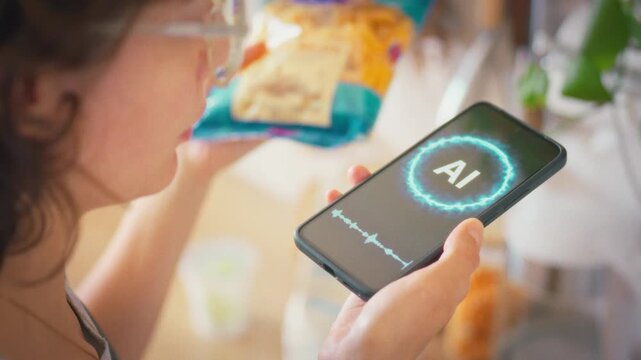 A woman holds a pasta package and asks her AI phone assistant about cooking instructions and ingredients. Concept of smart technology helping with meal planning and healthy nutrition
