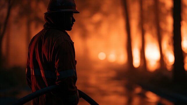 A firefighter in uniform stands focused in front of a raging forest fire, holding a hose amidst dense smoke and burning trees, highlighting the intense struggle against wildfires.