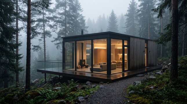 modern cabin glass house forest home minimalist architecture woodland retreat foggy forest pine trees misty woods contemporary cabin luxury cabin prefab home modular house