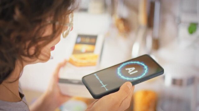 A woman holds a product package in her hands and communicates with an AI voice assistant on her smartphone in the kitchen. Concept of smart technology and modern digital lifestyle