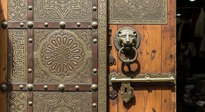 Antique wooden door with brass lion head knocker.