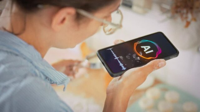Preparing homemade cottage cheese fritters with the help of a voice assistant on a smartphone. Concept of a modern housewife using smart technologies in everyday cooking in the kitchen