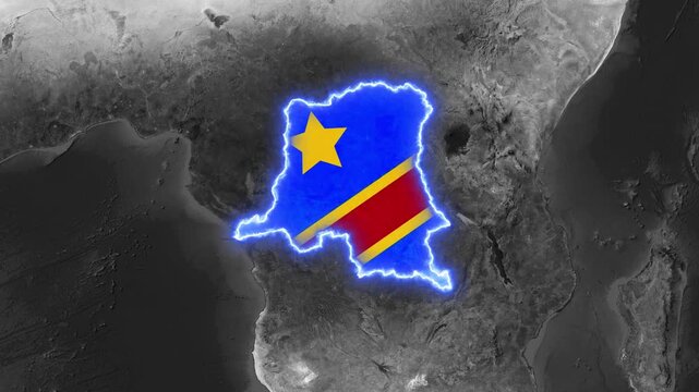 Democratic Republic of Congo map glowing with flag, animated motion footage