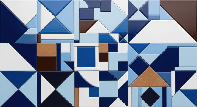 Blue and brown geometric mosaic tile pattern with triangles and squares
