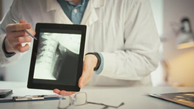 A young doctor reviews cervical spine X-ray images on a sleek touch tablet during a patient consultation, explaining findings and treatment options while fostering a calm, informative atmosphere