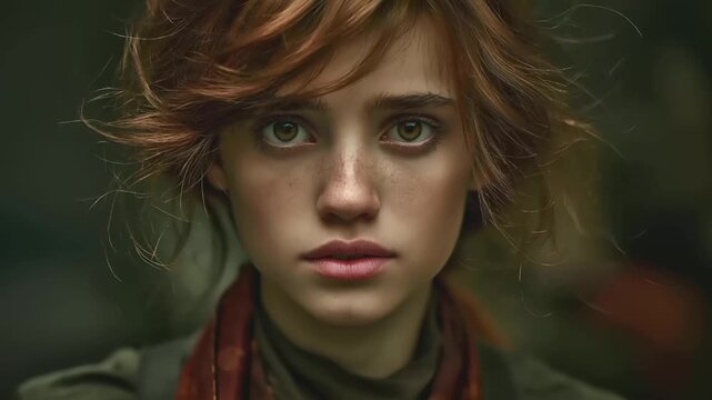 Europe medieval lifestyle. A closeup portrait of a young woman with striking green eyes and freckles. Her hair is tousled, and she wears a green jacket and a red scarf. The background is blurred.