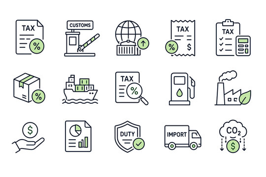 Tax and Customs Line Icon Set &ndash; Import Duty, VAT, Trade, Payments and International Commerce