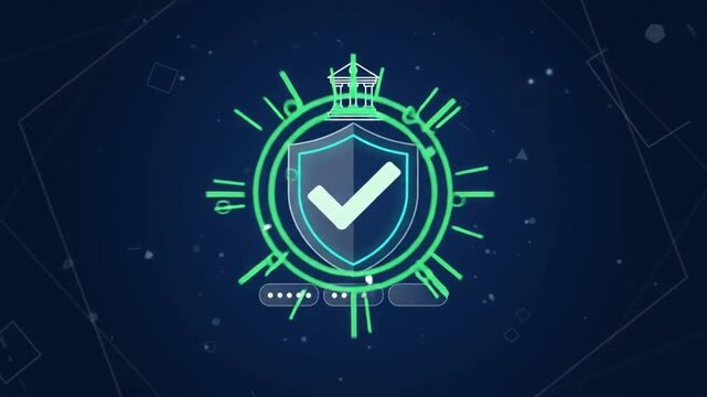 Digital banking security icons showing bank building protection and account verification on a dark background with financial report verification video animated digital icons