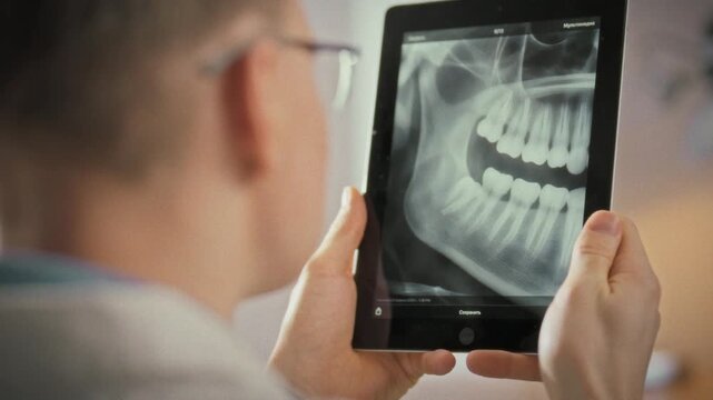 Dentist's skilled hands analyze panoramic X-ray on sensor device, zooming into the jaw to pinpoint issues. The doctor magnifies each area, ensuring precise digital diagnosis in modern dental practice