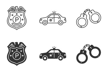Fototapeta premium Police badge, patrol car, and handcuff icons in monochrome set.