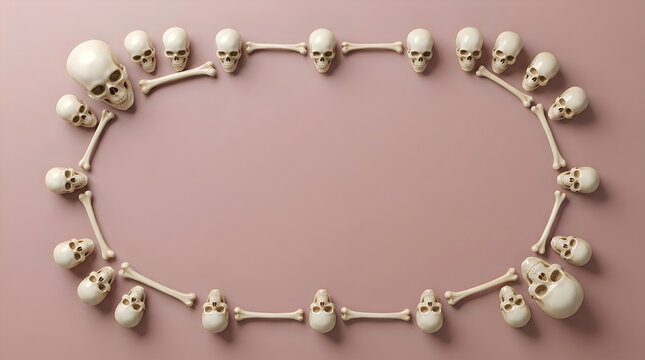Decorative oval frame made of small human skulls and bones on a solid light brown background