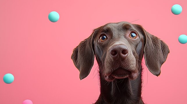 Cachorro olhando para cima, para bolas coloridas