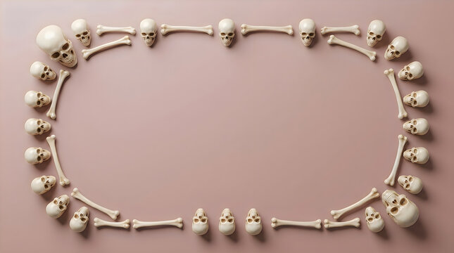 A decorative rectangular frame made of human skulls and bones on a soft brown background
