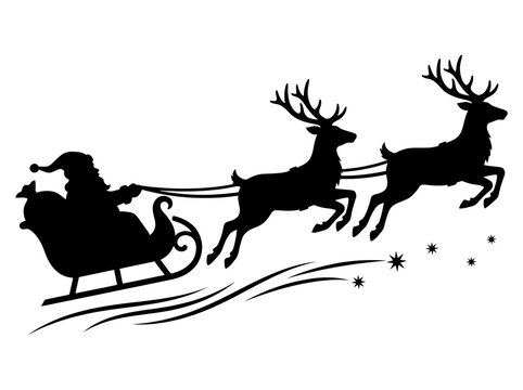 Santa claus silhouette flying in a sleigh pulled by reindeer with magic stars